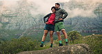 Hiking, hug and couple with support, fitness and travel with journey, funny and environment. Embrace, hiker and man with woman, challenge or countryside with humor and bonding together in Indonesia