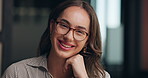 Happy, glasses and face of business woman in office for copywriting, editing and publishing career. Journalism, creative and portrait of worker with confidence, ambition and smile for news agency