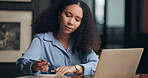 Business, laptop and woman writing in notebook, schedule and research for project management. Planning, analysis and director networking online in office, review and strategy for proposal process.