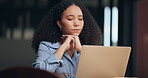 Business, woman or laptop with thinking at agency for article inspiration, headline ideas or editing. Journalist, news and proofreading with tech in office for storytelling angle or creative solution