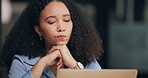 Business, woman or laptop with thinking in office for article inspiration, headline ideas or editing. Journalist, news or proofreading with tech at agency for source verification or creative solution