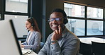 Call center, talking and man in office on computer for online help, consulting and contact us. Professional, business and worker with headset for customer support, crm service and communication