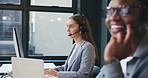 Computer, headset and typing with woman in call center for assistance, feedback or solution. Communication, contact us and help with employee in coworking office for customer service or support
