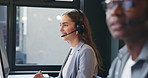Computer, contact us and smile with woman in call center for assistance, feedback or solution. Communication, headset and help with happy employee in coworking office for customer service or support