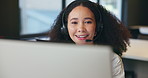 Call center, contact and woman in office on computer for online help, consulting and communication. Professional, business and happy worker with headset for customer support, crm service and advice