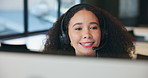 Call center, business and woman in office on computer for online help, consulting and communication. Professional, discussion and happy worker with headset for customer support, crm service or advice