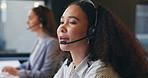Communication, headset and smile with woman in call center for assistance, feedback or solution. Computer, contact us and help with happy employee in coworking office for customer service or support