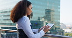 Business woman, research and balcony with tablet for real estate planning, property or investment. Female person, realtor or planner with technology for asset management or marketing in an urban town