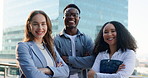 Business people, face and balcony with real estate group for company growth or development in city. Portrait, professional or realtor team with smile, arms crossed or confidence for urban settlement