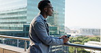 Black man, realtor and thinking with phone on balcony for company growth or development in city. Thoughtful, businessman or real estate agent with mobile smartphone for urban property investment