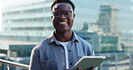 Black man, face and real estate with tablet on balcony in city for property investment or planning. Portrait, male person or African realtor with smile, laugh or technology for urban settlement