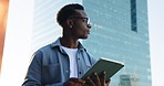 Black man, real estate and research with tablet in city for property investment, vision or plan. Businessman, african realtor or investor walking with technology or app for urban settlement in town
