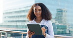 Tablet, scroll and business woman in city for reading, property listing and realtor valuation. Zoning records, real estate development and building permit with person outdoor for urban planner