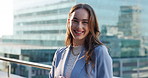 Happy woman, face and real estate agent in city for property investment or urban settlement. Portrait, female person or realtor with smile on balcony for company development or asset management
