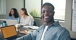 Happy, laptop and face of businessman in office for meeting with creative project with team. Smile, computer and portrait of male magazine editor with article for online publishing with collaboration