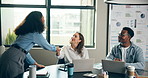 Team, business people and woman with handshake for welcome, greeting and hello for meeting. Boardroom, clients and manager shaking hands for discussion, b2b deal and partnership for digital agency