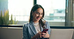 Cellphone, networking and businesswoman in office with online communication, connectivity or chatting. Happy, phone and female corporate employee with email contact on mobile app in workplace.