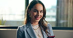 Phone, networking and face of businesswoman in office with online communication, connectivity or chatting. Portrait, cellphone and female corporate employee with contact on mobile app in workplace.