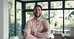 Happy, laugh and face of man in home with confidence for real estate investment with relax. Crossed arms, positive attitude and portrait of male person from Brazil with pride for property ownership.