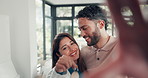 Couple, keys and selfie in new home with face, hug and excited for fresh start with property investing. People, happy and moving with social media, portrait or relocation with real estate in Mexico