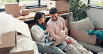 Couple, laptop and discussion in new home with boxes, coffee or search for furniture with online shopping. People, computer and moving with real estate, ecommerce or talk for interior design at house