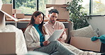 Couple, documents and talk in new home with boxes, mortgage or compliance for property taxes. People, paperwork and moving with real estate admin, discussion or listen with agreement at apartment