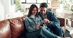 Phone, relax and couple on sofa in home with networking, social media or online communication. Happy, technology and man with woman for contact on mobile app with cellphone together in living room.