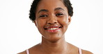 Face, skincare and black woman in studio, smile and dermatology on white background. Treatment, grooming and African person with wellness, glow and healthy skin with cosmetics, aesthetic and beauty