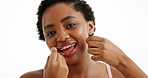 Black woman, face or floss in studio for dental care, gingivitis prevention or mouth hygiene for gum health. Clean teeth, smile or person with thread, mint flavor or fresh breath or white background