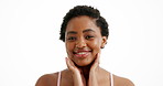 Face, skincare and black woman in studio, dermatology and wellness on white background. Shine, beauty and African person with treatment, glow and healthy skin with cosmetics, aesthetic and grooming