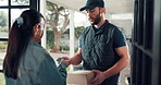 Payment, man and woman at front door with parcel for distribution service, credit card and online shopping. People, package transportation or order for customer convenience, delivery guy or ecommerce