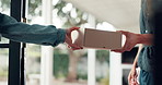 Hands, package and courier with delivery man, supply chain and logistics with friendly service. People, home or boxes with product, parcel distribution or shipping container with safe cargo or giving