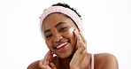 Face, skincare and black woman laugh with cream, beauty and glow on white studio background space. Portrait, funny and model with lotion for cosmetics, sunscreen moisturizer or dermatology product
