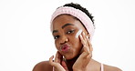 Face, skincare and black woman with cream, kiss and beauty on white studio background space. Portrait, pout or model with lotion for cosmetics, sunscreen moisturizer or smile with dermatology product