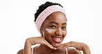 Face, skincare and black woman with cream, dance and glow on white studio background. Portrait, smile and model with lotion for cosmetics, sunscreen moisturizer and dermatology product for beauty