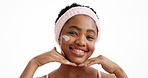 Face, skincare and happy black woman with cream, beauty and glow on white studio background. Portrait, kiss and model with lotion for cosmetics, sunscreen moisturizer and peace sign for dermatology