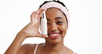 Skincare, portrait and woman in studio with lotion, serum and collagen benefit on mockup space. Beauty, happy and female person for anti aging, dermatology and product placement on white background