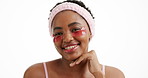 Eye patches, skincare and face of black woman in studio with cosmetics, wellness and facial glow. Beauty, happy and portrait of African female person with dermatology product by white background.