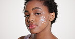 Face, serious and sunblock with black woman in studio for satisfaction, skincare or uv protection. Shape, spf lotion and sunscreen with confident African model isolated on white background for safety