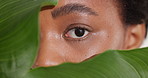 Black woman, eye and face in studio with leaves, organic makeup and confident on white background. African girl, model and tropical plant in portrait, skincare and sustainable cosmetics in Nigeria