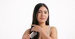 Hair care, face and woman with, comb, salon treatment and beauty on white background space. Cosmetics, aesthetic portrait and female model with hairstyle, texture and haircut in studio with mockup