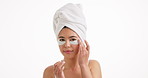 Woman, face and eyes patches with towel in studio for skincare or collagen on a white background. Portrait, female person or model with smile, mask or beauty cosmetics for anti aging on mockup space