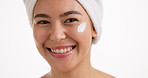 Happy woman, face or skincare with lotion in studio for moisturizer on a white background. Portrait, female person or model with smile, cream or skin cosmetics for beauty or facial treatment on space