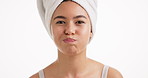 Cleaning, face and woman swish mouthwash for dental health, teeth wellness or gum care. Hygiene, oral rinse and person with portrait, antibacterial and morning routine on white background in studio