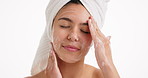 Dermatology, face wash and woman in studio with beauty, natural or clean facial routine in morning. Towel, cleanser and female person with skincare treatment for hydration by white background.