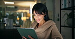 Business, woman and smile with tablet in office at night for research, editor feedback and proofreading. Journalist, digital and review newsletter, fact check and information for publication deadline