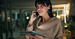 Phone call, night and business woman on tablet for contact, client negotiation and discussion. Finance advisor, working late and person on smartphone for talking, investment feedback and networking