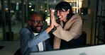 Business, night and people with high five, computer and celebration with financial success. Evening, employees or man with woman, pc or cheering with achievement, investment growth or profit increase