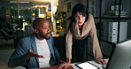 Night, frustrated and business people in office with argument, burnout or overtime fatigue in finance. Exhausted, accountant and disagreement with computer, audit deadline and pressure or stress