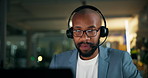Night, agent and man with laptop, sales and communication with contact for lead generation and talk. Serious, employee and black person with headset, working late and telemarketing in call center